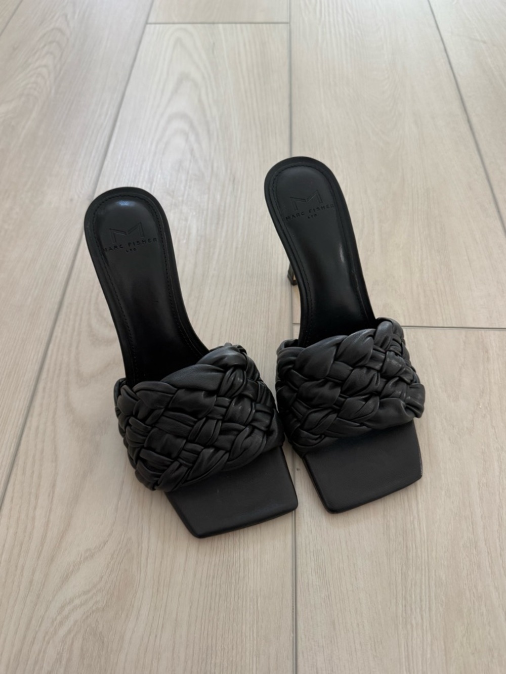 Marc Fisher Black Braided Square-Toe Slide Heels